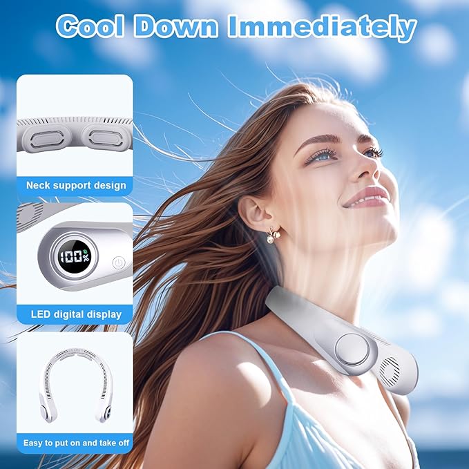 Portable Neck Fan that Blow Cold Air, LED Display, Rechargeable Hands-Free Wearable Cooling Personal Fan, 5 Speed, Neck Support, Bladeless Neck Air Conditioner, Gift for Women/Men, Hot Flashes, Travel