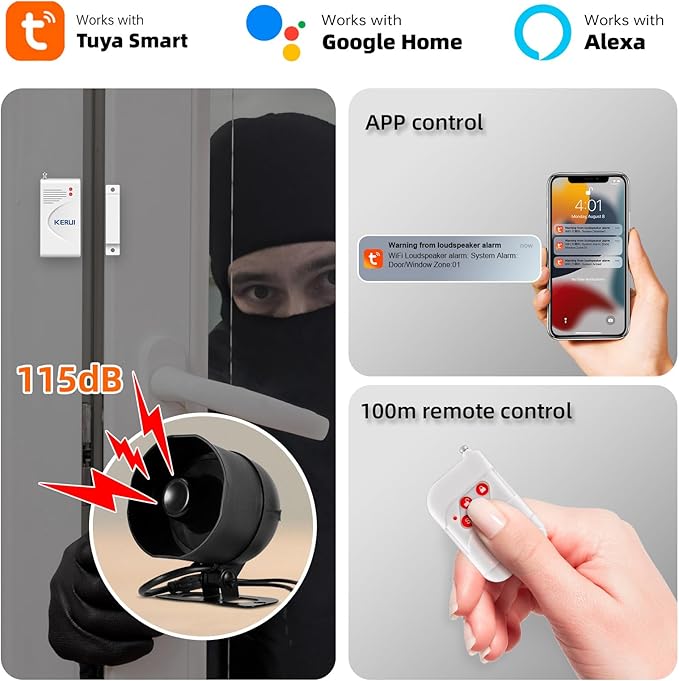 KERUI WiFi Home Security Alarm System 8-Piece kit Door Alarm System DIY Siren Door/Window Sensors Remotes Burglar Alarm for House Apartment Office,Compatible with Alexa Google Home