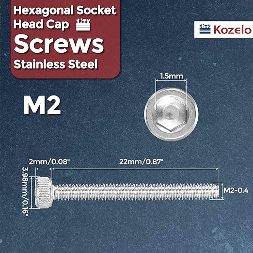 Kozelo 40pcs Socket Head Cap Screws - [M2-0.4 x 22mm] 304 Stainless Steel Allen Socket Drive for Electrical Motor 3D Printing Fan Engine Replacement Use, Silver