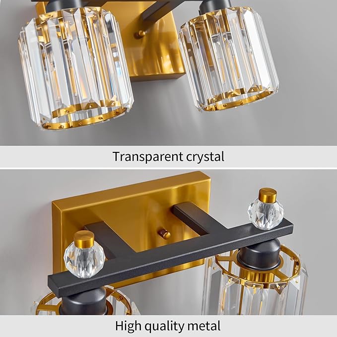 FDPBY Bathroom Vanity Lights 2-Light Black Gold Modern Crystal Vanity Light Fixtures Over Mirror Crystal Bathroom Vanity Lighting Fixtures