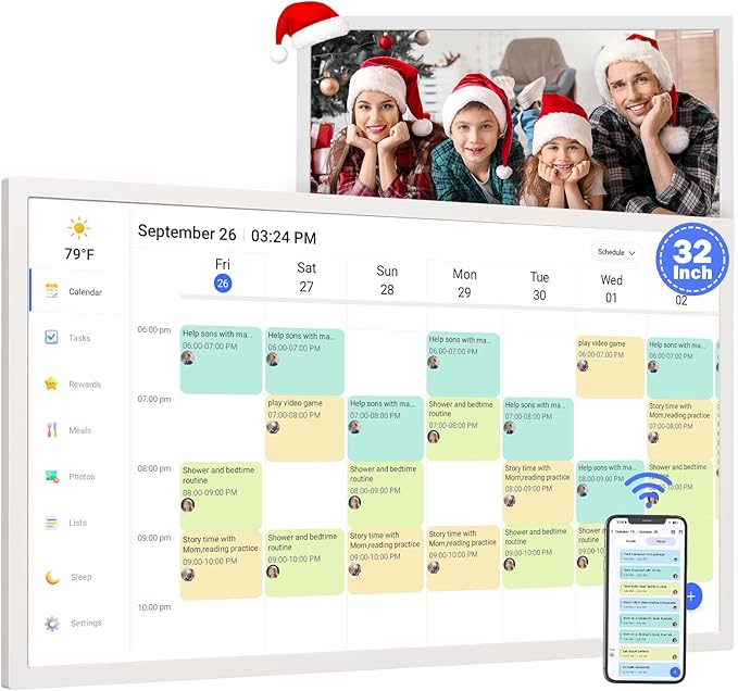 Smart Digital Calendar & Chore Chart for Family Schedules – 32 Inch Smart Touchscreen Interactive Display, Dual-WiFi, Auto-Sync Google iCloud Outlook Calendars, Selectable Reminders, Wall Mountable
