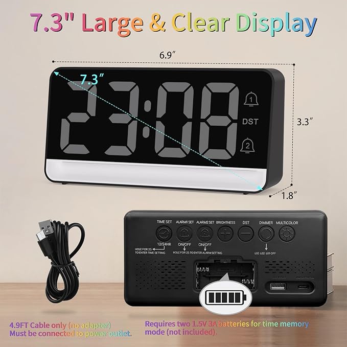 Alarm Clocks for Bedrooms, Digital Bedside Clock with RGB Night Light, Adjustable Volume for Heavy Sleepers, USB Charger, Large Display, Modern Decor for Desk, Dimmable Alarm Clock for Kids(Black)