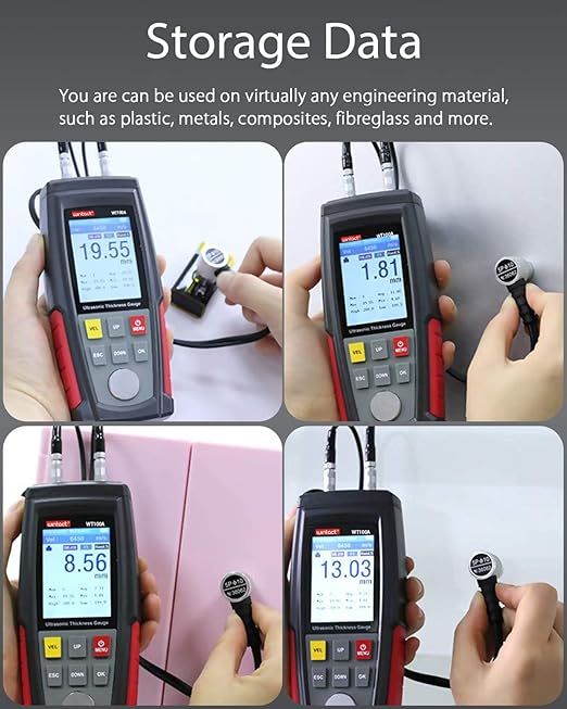 Wintact Digital Ultrasonic Thickness Gauge, Range 0.039 to 11.81 in with Probe for Measuring Metal and Nonmetal Materials, Steel, Cylinder Wall, Plastic, Glass, PVC, Pipes (WT100A)