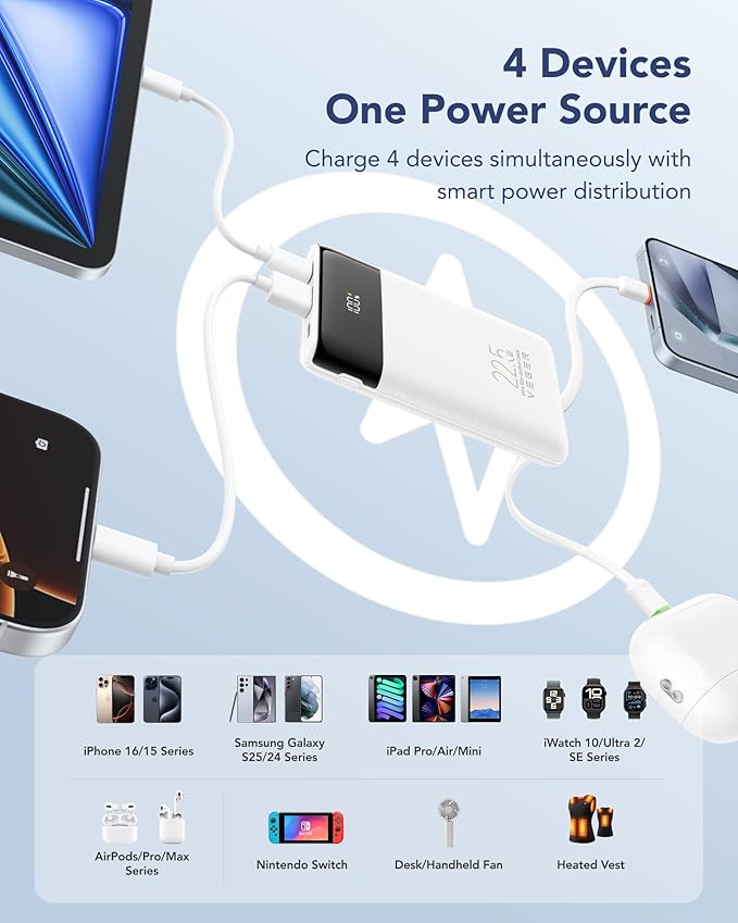 VEGER Portable Charger with Built in Cable, 10000mAh 22.5W Fast Charging USB C Battery Pack, 4 Outputs 3 Inputs Power Bank for iPhone 16/15/14/13 Series, iPad, Samsung, Android, Tablet, White(1 Pack)