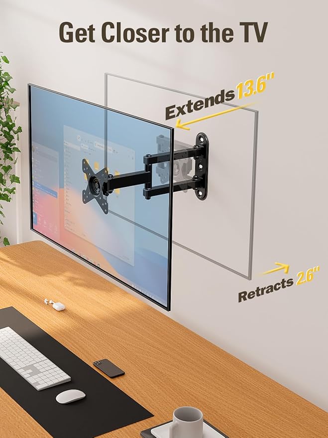 Mounting Dream UL Listed Full Motion Monitor Wall Mount TV Bracket for 10-26 Inch LED, LCD Flat Screen TVs and Monitors, TV Mount with Swivel Articulating Arm, Up to VESA 100x100mm and 33LBS MD2463