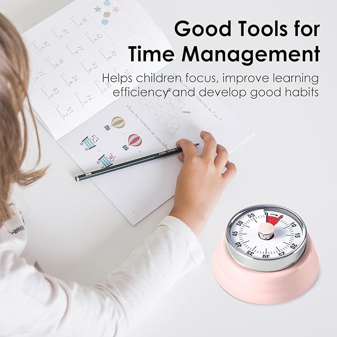Visual Timer, Teeloray 60-Minute Countdown Timer, Kitchen Timer with Magnetic Base, Mechanical Clockwork, Ringer Alert, Time Management Tool for Children and Adults, Study/Work/Cooking (Pink)