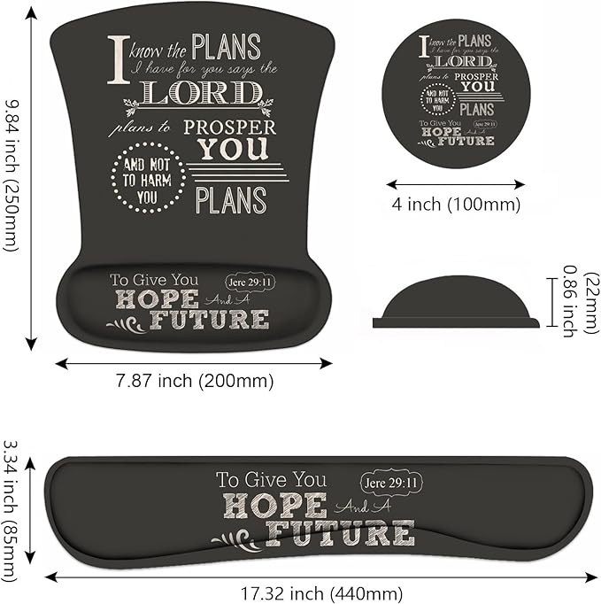 Ergonomic Mouse Pad Wrist Support and Keyboard Wrist Rest Set with Coasters, Non-Slip PU Base, Easy Typing and Relieve Wrist Pain, Perfect for Home Office Working Studying, Bible Verse Jeremiah 29:11