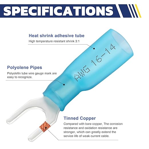 haisstronica 200PCS Heat Shrink Fork Spade Connectors #10 Waterproof Marine Grade Fork Terminal Connectors U-Type Blue 16-14 Gauge