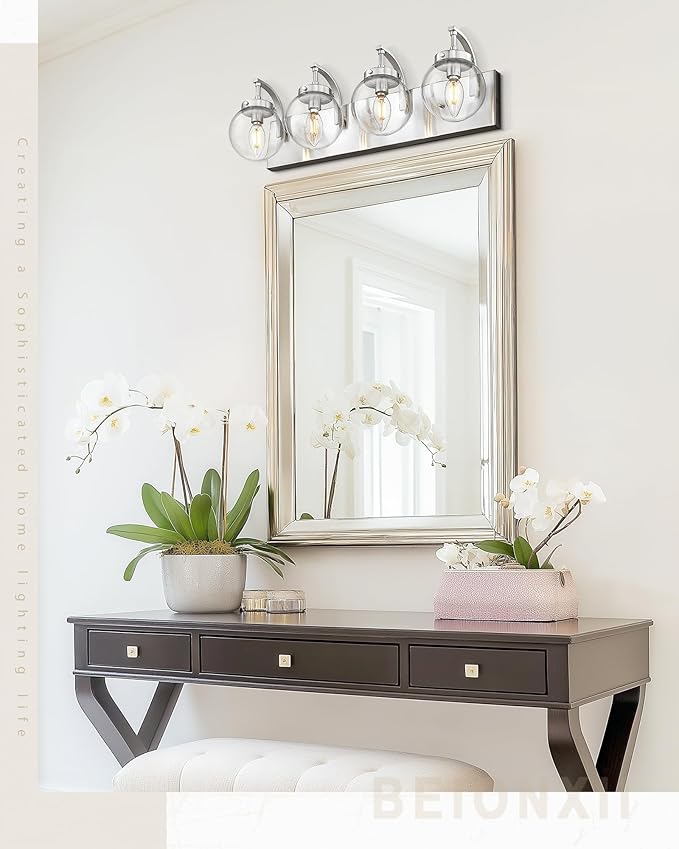 Beionxii 4-Light Bathroom Light Fixtures, Brushed Nickel Bathroom Vanity Light Over Mirror, Modern Vanity Lights with Clear Glass Shade for LivingRoom Hallway, BX-VL03BN-4CG