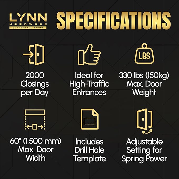 LYNN HARDWARE Heavy Duty Automatic Door Closer (Black) - Commercial Grade, Contractors Choice, Adjustable Speed & Force, Delayed Closing Timer, 3 Mounting Options, 3 Hour Fire Rated (DC8016 Model)