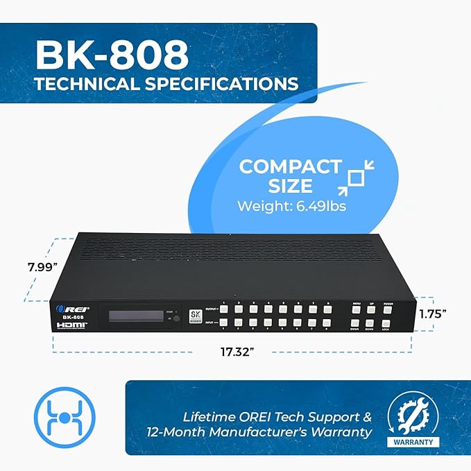 OREI 8K 8x8 HDMI Matrix Switch, Switcher with Audio Extractor UltraHD Supports Upto 4K @ 120Hz IR EDID HDCP 2.3 - Remote Control HDR10+ Dolby Vision, VRR, ALLM (BK-808)