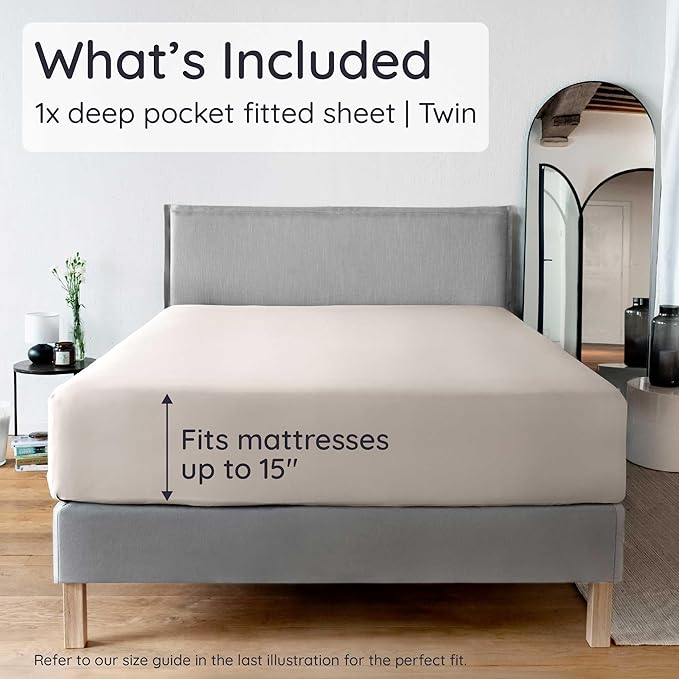Bambaw 100% Viscose Derived from Bamboo Fitted Sheet Twin Size, Cooling Fitted Sheet Twin Size, 15’’ Deep Pocket, Breathable & Soft Sheets (Sand)