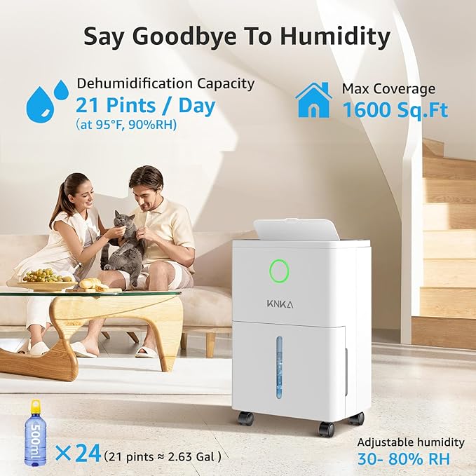 KNKA 1600 sq.ft Dehumidifier for Basement, Max 21 Pint Dehumidifiers for Home with Drain Hose, Continuous Drainage, Washable Filter, Intelligent Humidistat for Bedroom, Bathroom, Large Room