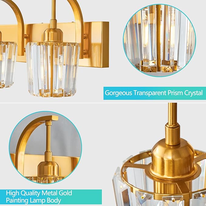 FDPBY Modern Bathroom Vanity Light, 3-Light Gold Wall Sconce with Crystal Accents, Over Mirror Bathroom Lighting Fixture, 23.62" Long Dimmable Vanity Lamp for Makeup, Easy Installation