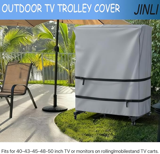 JINLI 45-50 inch outdoor TV trolley cover, courtyard TV cover, Oxford fabric waterproof and dustproof, triple windproof design, compatible with rolling/mobile stand