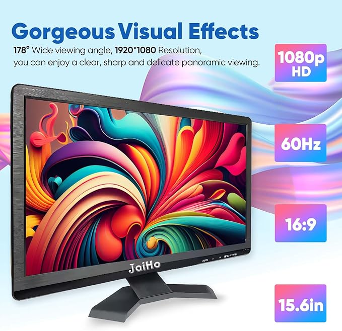 JaiHo 15.6 Inch 60Hz Computer Monitor - 1920×1080P Widescreen Display Screen - 16:9 Office PC Monitor with Multifunctional Input - Gaming Monitor for Gaming CCTV Raspberry Pi PC - VESA Mounting