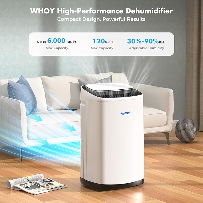 WHOY Dehumidifier for Basement 6,000 Sq Ft, 120 Pints Max. Smart Compressor,Intelligent Humidistat, Smart App-Controlled with Darin Hose And App Control for Basement, Bathroom,Living room,Bedroom,Home