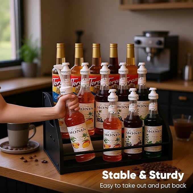 STAEVER Coffee Syrup Rack- Extra Large for 15 Syrup Bottles Holder- Rustic Countertop Display Shelf for Liquor Bottles, Coffee Bar, Kitchen Cabinet- Pantry Storage for Water Bottles, Spirits & Whiskey
