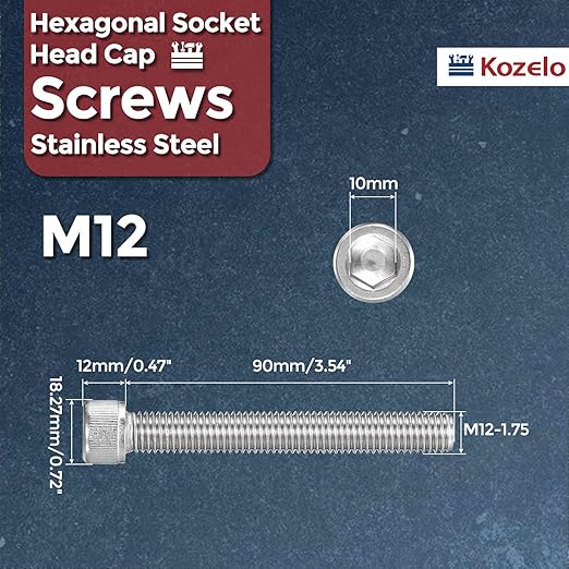 Kozelo 2pcs Socket Head Cap Screws - [M12-1.75 x 90mm] 304 Stainless Steel Allen Socket Drive for Electrical Motor 3D Printing Fan Engine Replacement Use, Silver