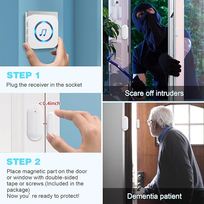 SanJie Door Sensor Chime for Door Opens， Door Entry Chime for Business/Home/Office/Store,500 FT Range,26 Chimes 5 Adjustable Volume Door Ringer Alert 3 Sensors + 1 Receivers