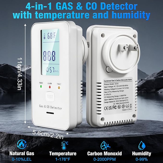 4in1 Combustible Natural Gas & Carbon Monoxide Detector, CO Leak Detector Home Air Quality Monitor with Digital Display for Temperature and Humidity, Kitchen & RV Alarm (Black)