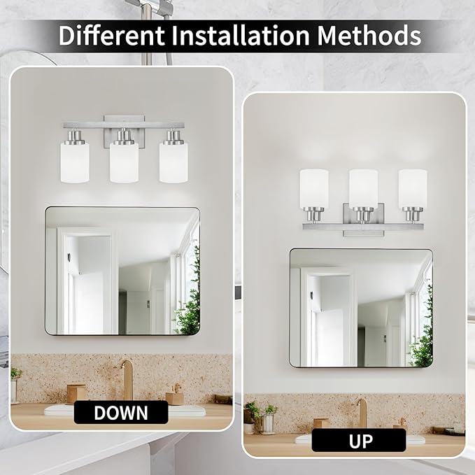 DIKAIDA 3-Light Bathroom Light Fixtures, Nickel Vanity Light, Modern Bathroom Wall Lights Over Mirror, Farmhouse Wall Sconces Lighting for Bedroom Living Room