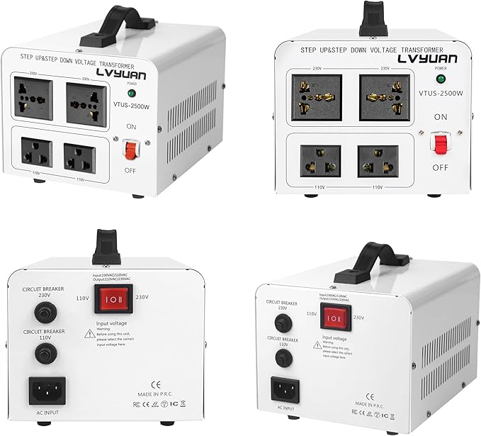 LVYUAN 2500 Watt Voltage Transformer Converter Step Up/Down Converter 110/120 Volt - 220/240 Volt with 2 US outlets, 2 Universal outlets and CE Certified,Circuit Break Protection