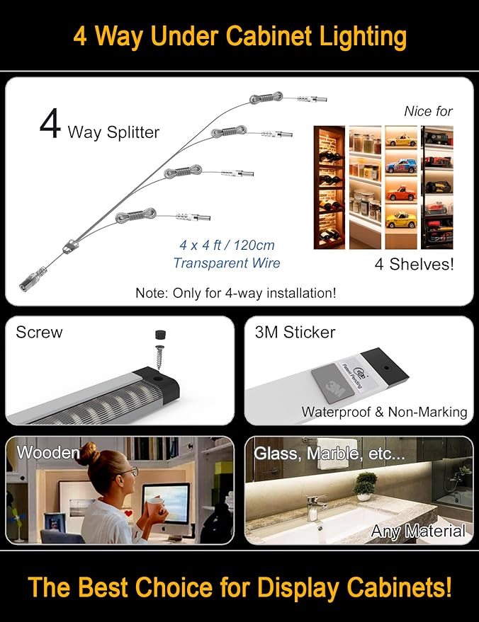 EBD Display Case Lights Ultra Bright Under Counter Lighting 4-Way Parallel Bookshelf Light Bar 4 Panels 1800 Lm 4500K for Kitchen Storage Pantry Garage Shelves Closet Shelf & Bookcase