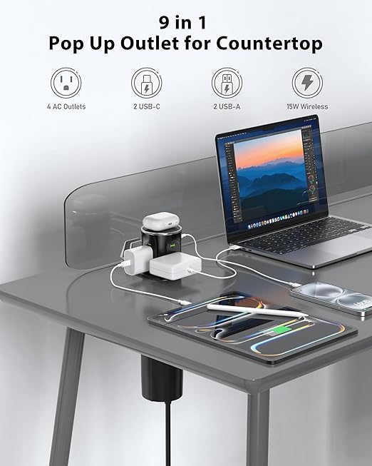 Motorized Pop Up Outlet,2 PD 45W USB C Charging Station, 3.15 in Hole Desktop Power Grommet Electrical Power Outlets Insert in 4AC 4 USB Ports 15W Wireless Charger for Kitchen Countertop