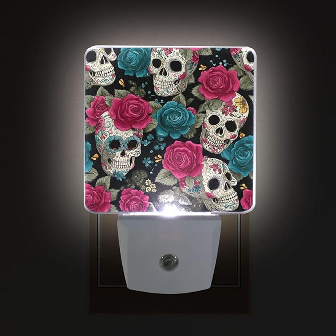 Pigsaly Led Night Light Halloween Sugar Skulls Pink Blue Roses Night Light Plug in Wall Lamp Smart Dusk to Dawn Sensor Nightlight Led Lamp Energy Saving Lights Gift for Kids Room Bedroom Bathroom Hal