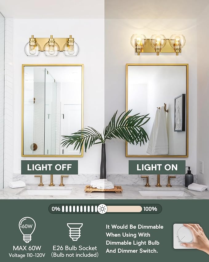 METWET Bathroom Light Fixtures, 3-Light Brushed Gold Vanity Light, Modern Wall Sconces with Clear Glass Globe Shade, Bathroom Wall Lights for Mirror Kitchen Bedroom Hallway Living Room, VL195-GD-3
