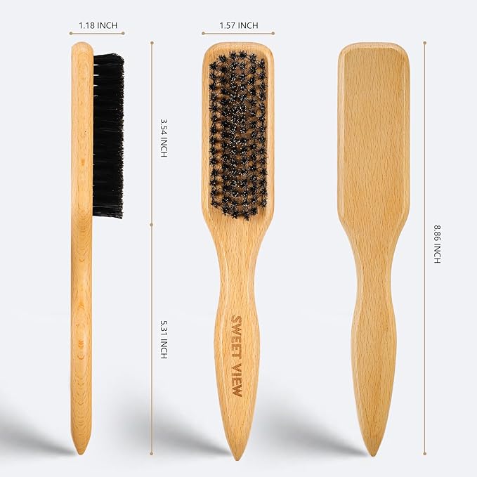 SWEET VIEW Boar Bristle Slick Back Hair Brush for Smooth Flyaways, Frizz, Sleek Ponytail, Buns and Edge Baby Hair, Teasing | Gel Comb Styling Accessories for Girls, Kids and Women