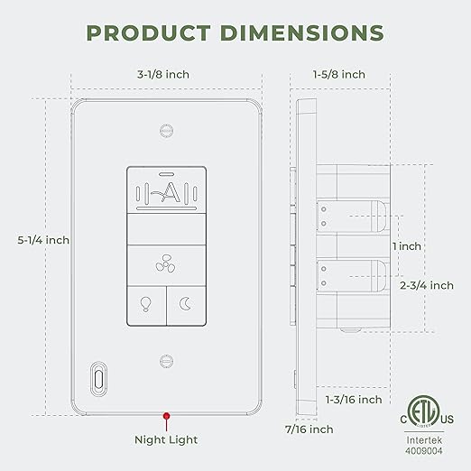 Akicon Humidity Sensor Switch with Motion-Activated Wall Plate, Bathroom Fan Timer Switch for Ventilation, Adjustable Humidity Settings, Fan and Light Control, ETL Listed, White