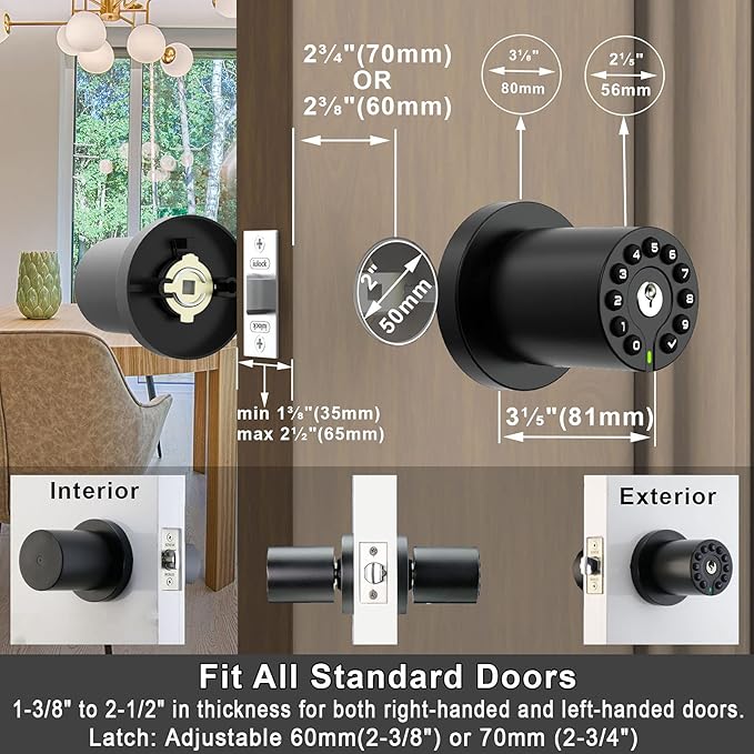 BOTHSTAR Keypad Door Knob with Key,Keyless Entry Door Lock, Code Locks Door Knob, Auto Lock,50 User Code,Easy to Install,for Home,Office,Hotel,Bedroom,Garage,No Deadbolt, Matte Black Finish