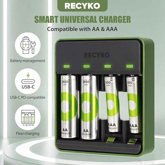 RECYKO AA AAA NiMH Battery Charger, 4 Individual Bay Charger for Nickel Metal Hydride Rechargeable Batteries, Type-C Connection, PD Compatible, Fast 1-Hour Charging, Safety Protection & Auto Cut-Off