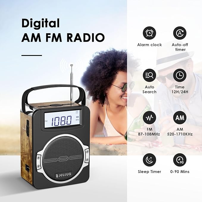 JEUJUG Radio Portable AM FM Digital Radios Clock Radio with Bluetooth 5 Watts Loud Speaker Rechargeable AM FM Radios Plug in Wall Battery Operated Best Reception for Home Outdoor Great Retro