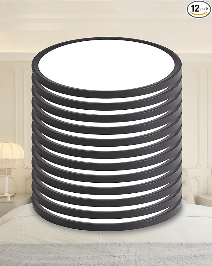 Led Flush Mount Ceiling Light,12 Inch 24w 2520lm Round,3000k,4000k,6000k CCT Selectable,Flat Panel Super Slim Led Ceiling Light Fixture,for Living Dining Kitchen Bedroom Room (12Pack-Black)