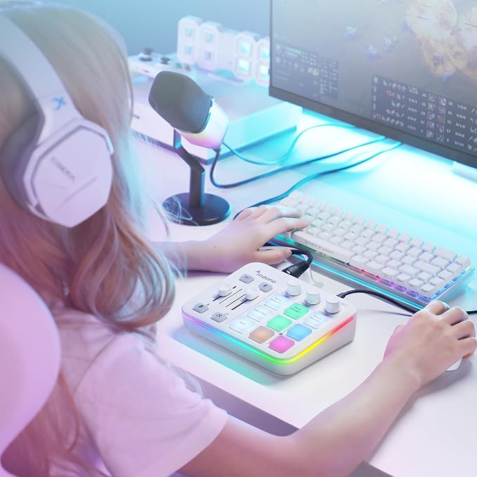 MAONO Gaming Audio Mixer, Audio Interface with Pro-preamp, RGB, Bluetooth, 48V Phantom Power for Live Streaming, Podcasting, Content Create, Gaming MaonoCaster G1 NEO (White)