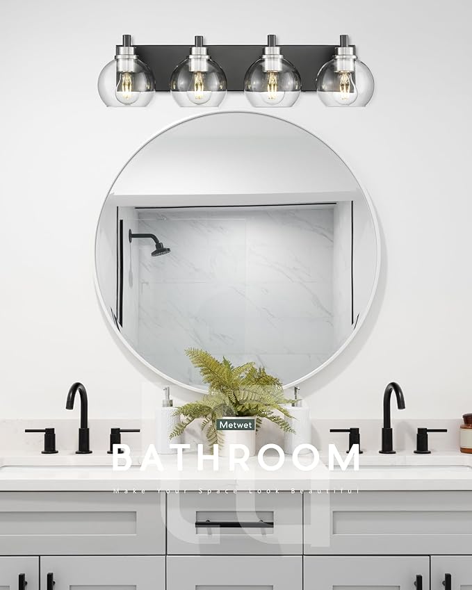METWET Bathroom Light Fixtures, 4-Light Black and Brushed Nickel Bathroom Vanity Light, 26 Inch Modern Wall Sconces with Globe Clear Glass Shade, Vanity Lighting Fixtures Over Mirror, VL195-KN-4