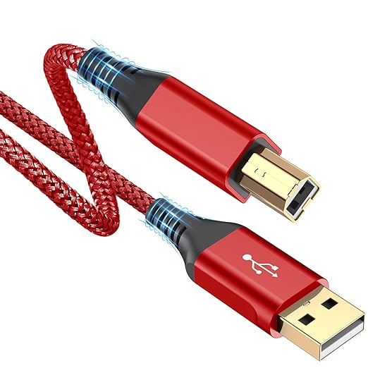 sweguard Printer Cable 10ft, USB 2.0 USB-A to USB-B Cord, High Speed Nylon Braided Scanner Printer Cord for HP Canon Dell Epson Brother Lexmark Xerox Samsung Piano DAC & More - Red