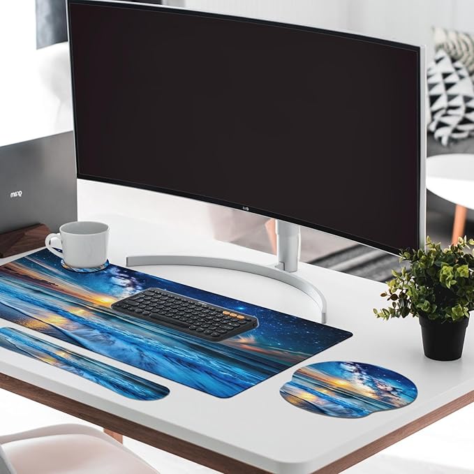 Britimes Blue Sea and Starry Sky Keyboard Mouse Pad Set 4in1 Large Mousepad+Keyboard Wrist Rest+Mouse Wrist Rest+Coaster Set with Ergonomic Design for Home Office Computer 35.4x15.7 inches