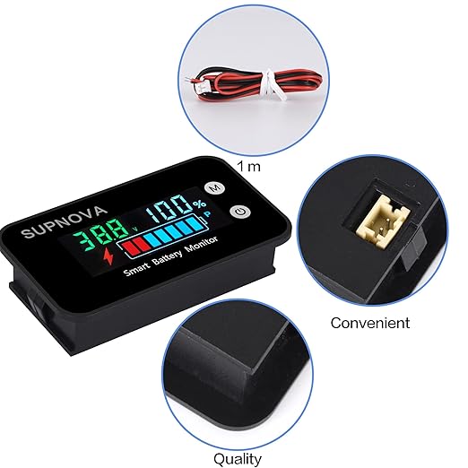 Battery Monitor12v 24v 36v 48v 60v 72v, Car,Golf cart Battery Tester Digital Display Capacity 7-100V Voltage Monitor Capacity Percentage Tester with Buzzer Alarm and Temperature(Not Waterproof)
