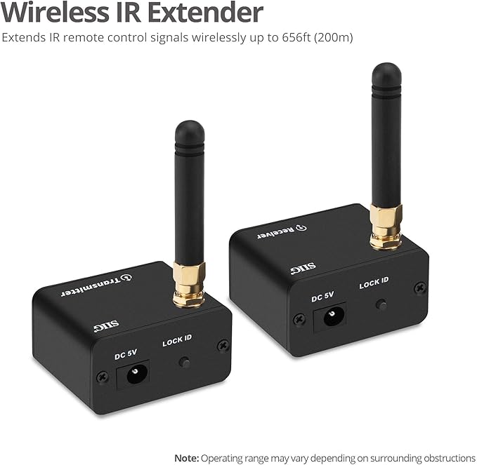 SIIG Pro Wireless IR Remote Control Extender Kit, Infrared Repeater Signal Booster, IR 20 to 60 KHz - USB Powered Transmitter and Receiver with Pairing Button - 656FT (200m) CE-RC0111-S1