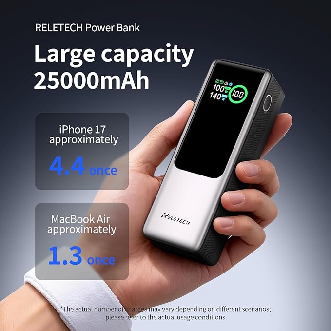 Reletech 140W Portable Fast Charger 25000mAh with LG 21700 Battery, 3-Port Laptop Fast Power Bank Smart Display for Travel, Compatible with MacBook Pro, iPhone 17/16, ipad.（G-ZeroFear）