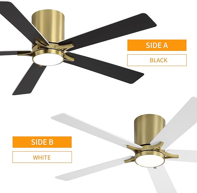WINGBO 48" DC Flush Mount Ceiling Fan with Lights, 6-Speed Reversible DC Motor, 3CCT, Low Profile Hugger Ceiling Fan for Living Room Bedroom Kitchen, Brass Finish and Black/White Blades