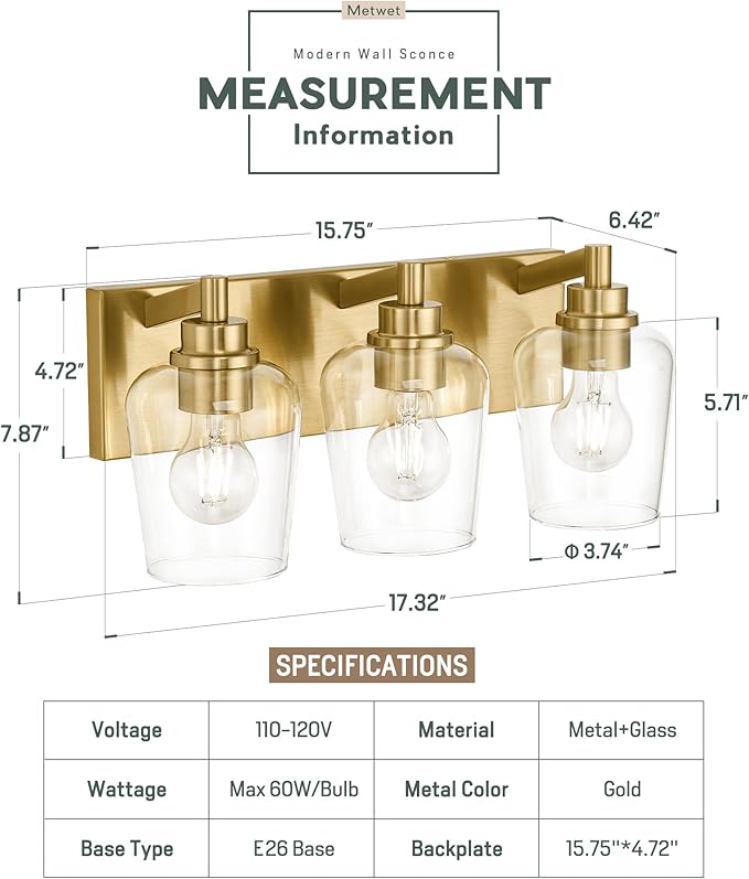 METWET Bathroom Light Fixtures, 3-Light Modern Vanity Light with Clear Glass Wine Glass-Shaped Shade, Vanity Lighting Fixtures Over Mirror, Brushed Gold, VL155-BG-3