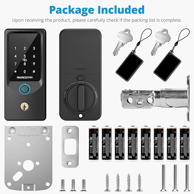 AkaGear T02 Fingerprint Keyless Entry Door Lock - Built in WiFi, Smart Lock for Front Door, App Remote Control, Auto Lock, Keys, Fob Card, PIN Code Unlock, Touch Keypad Deadbolt with Batteries, Black
