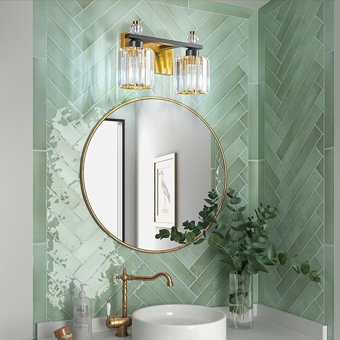 FDPBY Bathroom Vanity Lights 2-Light Black Gold Modern Crystal Vanity Light Fixtures Over Mirror Crystal Bathroom Vanity Lighting Fixtures