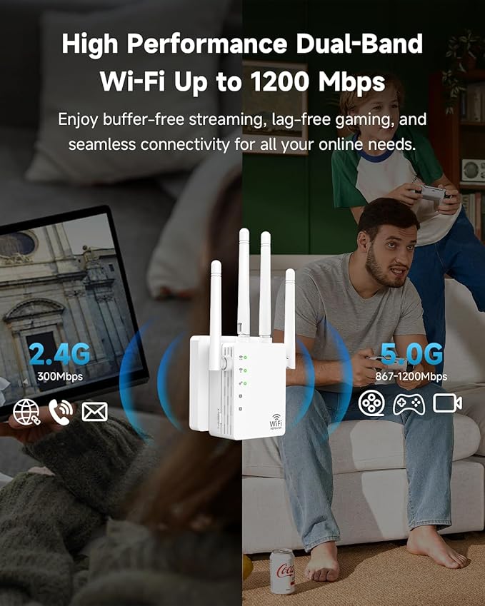 WiFi Extender,Dual Band (5GHz + 2.4GHz) WiFi Booster for Home, Covers Up to 12,880 Sq.Ft and 105 Devices, WiFi Repeater with Ethernet Port, Quick Link,3-Min Easy Setup