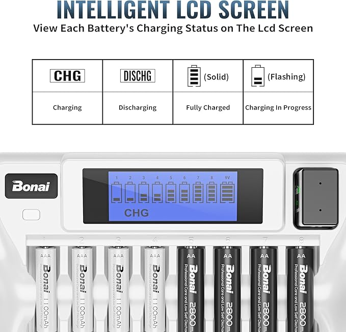 BONAI Rechargeable AA Batteries with Charger, 8+1 Bay Battery Charger with LCD Display for 1.2V NiMH AA AAA 9V, 2800mAh High Capacity Low Self Discharge- 8 Pack